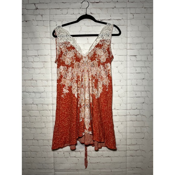 Free People Morning Sun Floral Lace Trim V Neck Mini Slip Dress Coral White Sz S - Picture 3 of 8